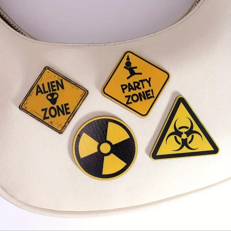 4 X Party Zone ALIEN HAZARD Yellow & Black Novelty Button Pin Badge Drinking