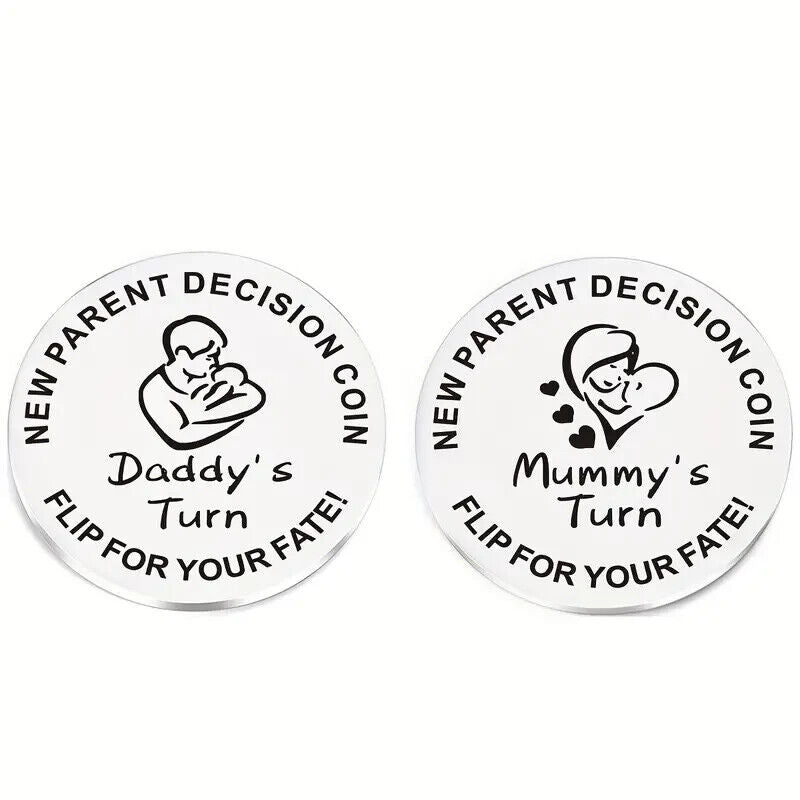 MUMMYS DADDYS TURN DECISION COIN SILVER PARENTS Keyring Gift DADDIES FAIR CHOICE