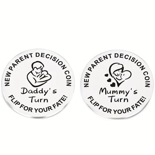MUMMYS DADDYS TURN DECISION COIN SILVER PARENTS Keyring Gift DADDIES FAIR CHOICE