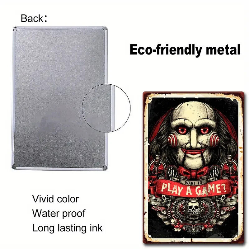 WANT TO PLAY A GAME JIGSAW SAW Tin Metal sign Halloween Horror Art Deco Movie