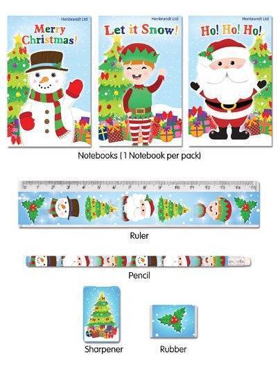 CHRISTMAS ELF SANTA SMILEY HAPPY FACE 4 PIECE STATIONERY SET Pencil Ruler Eraser
