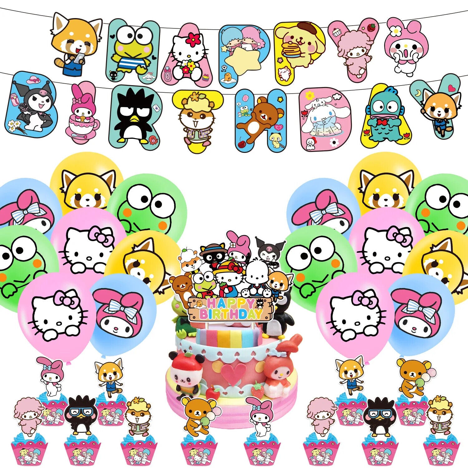 Hello kitty Happy Birthday Balloons Banner Cake Toppers Party  Sanrio Frog Fox