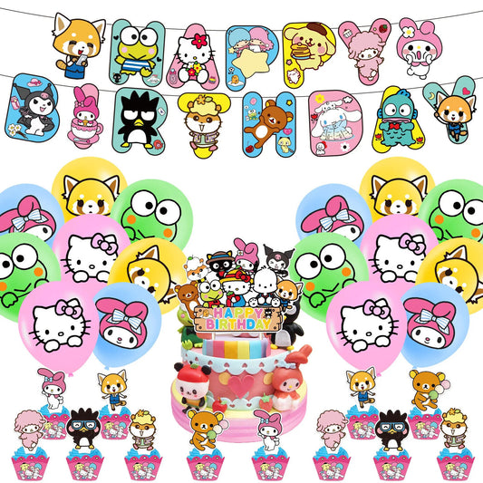 Hello kitty Happy Birthday Balloons Banner Cake Toppers Party  Sanrio Frog Fox