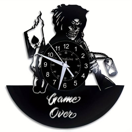 Game Over Design vinyl record wall clock FIRE SHOTGUN SKULL ACE GUNSLINGER