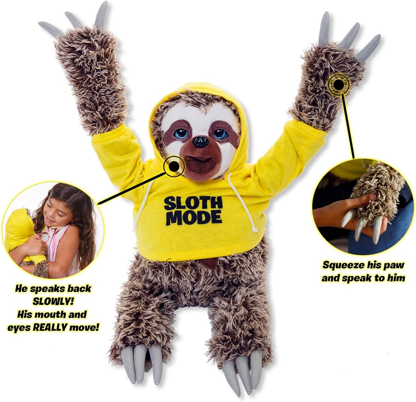 John Adams Snax The Sloth in Yellow Hoodie Talking Plush Kids Soft Toy
