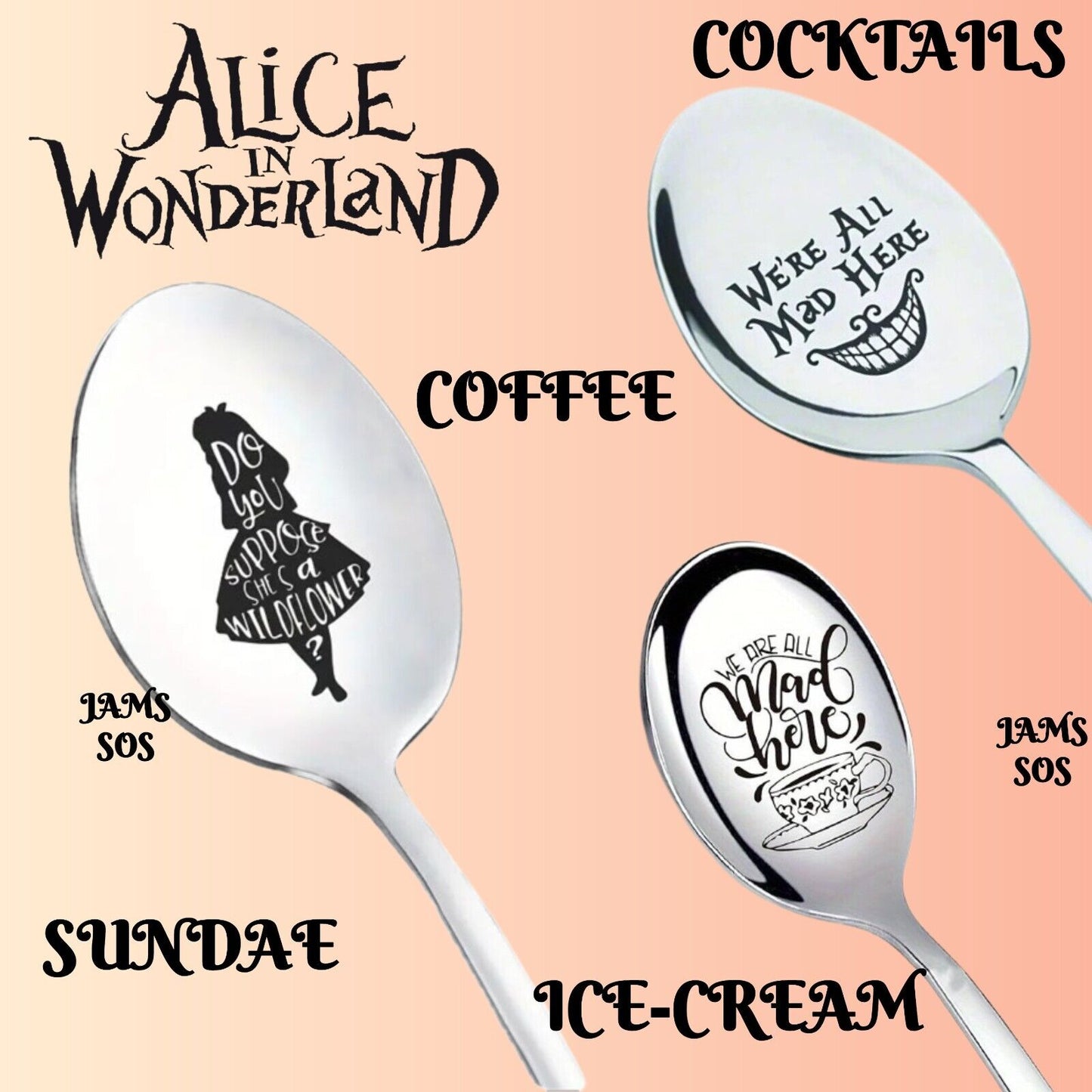 MAD HATTER WERE ALL MAD HERE Spoon ICE CREAM COFFEE SUNDAE SILVER ALICE WONDERLA