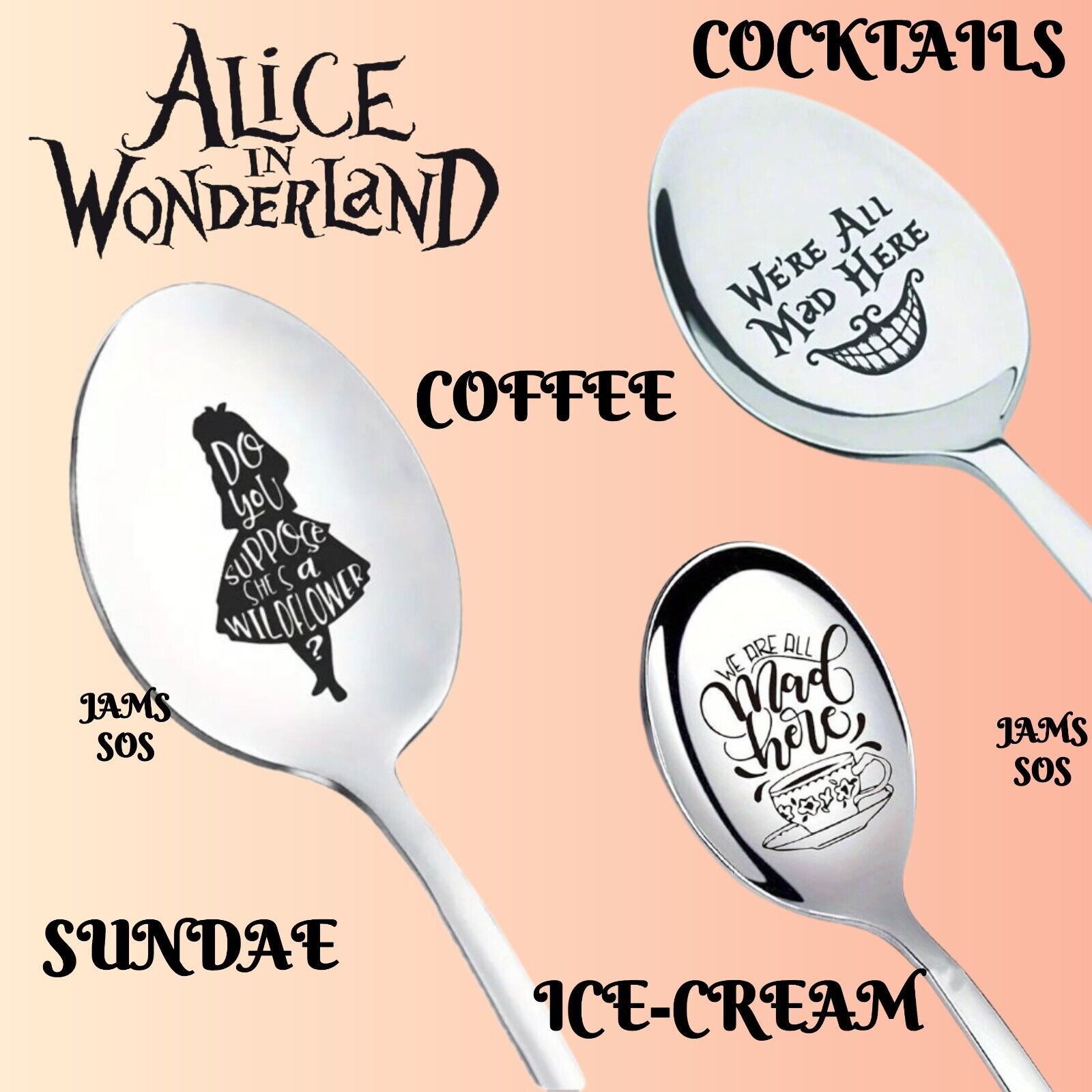 MAD HATTER WERE ALL MAD HERE Spoon ICE CREAM COFFEE SUNDAE SILVER ALICE WONDERLA