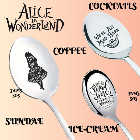 MAD HATTER WERE ALL MAD HERE Spoon ICE CREAM COFFEE SUNDAE SILVER ALICE WONDERLA
