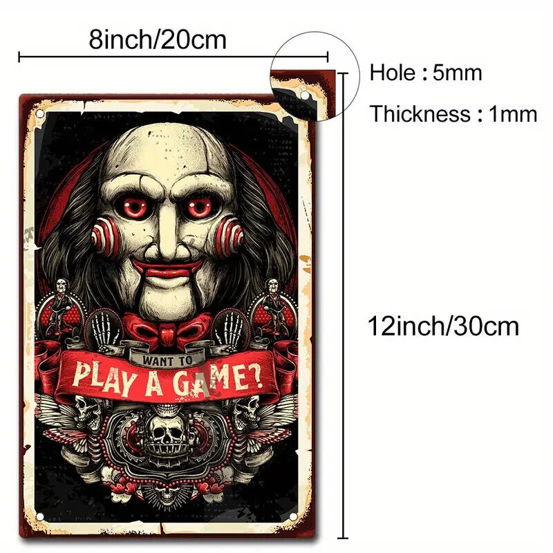 WANT TO PLAY A GAME JIGSAW SAW Tin Metal sign Halloween Horror Art Deco Movie