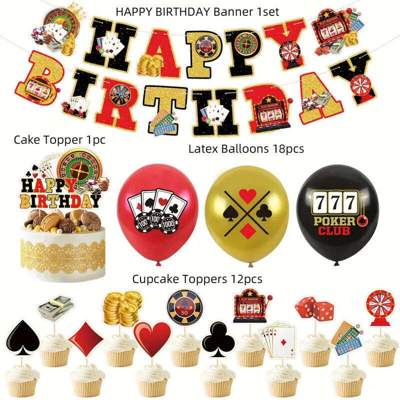 Casino Poker Balloon Party Birthday Decorations Craps Roulette Cards Cake Luck