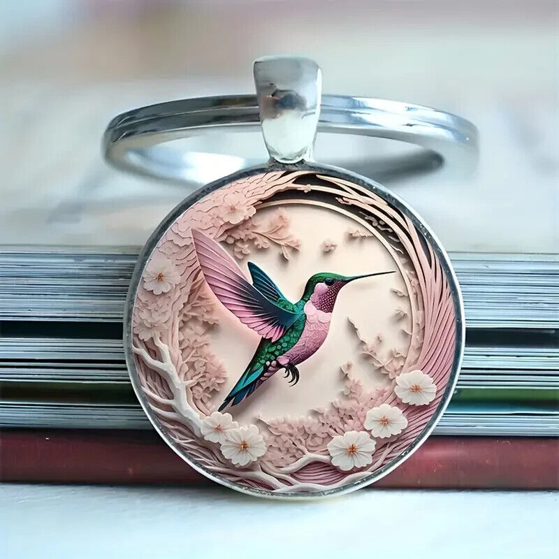 HUMMINGBIRD RAISED RESIN Keyring Keychain BIRDS PINK SILVER