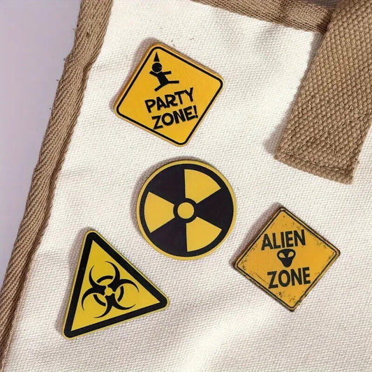 4 X Party Zone ALIEN HAZARD Yellow & Black Novelty Button Pin Badge Drinking