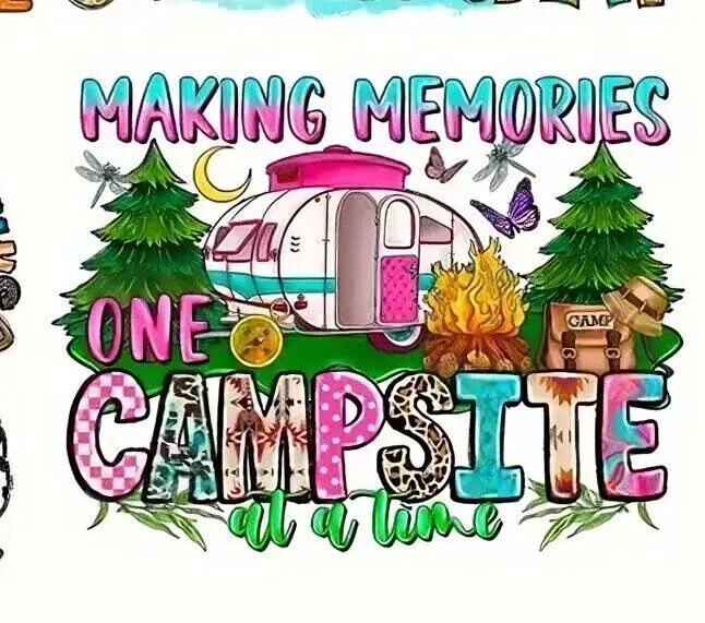 CAMPING CAMPER IRON-ON TRANSFER LOVE HIPPY FRIENDS TRAVEL GLAMP ADVENTURE FIRE