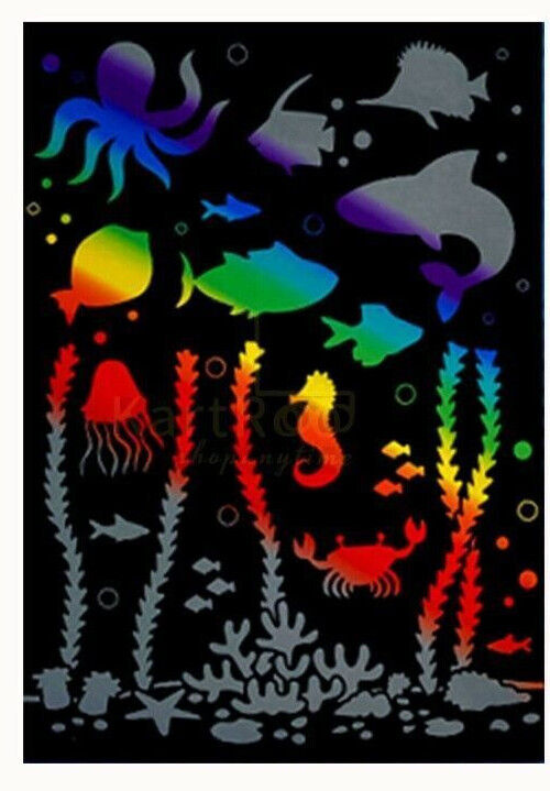 SCRATCH ART Rainbow Holographic Set for Kids Stencil Kit Magic Assorted Tools A4