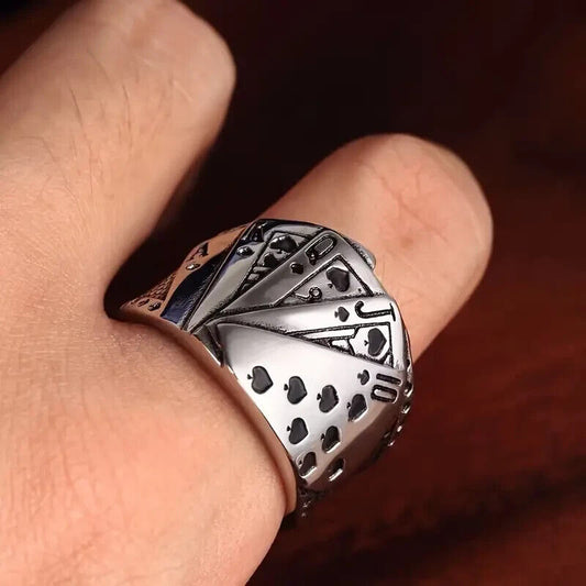 Hot Poker Lucky Ring Casino Game Card Men Ace Spades ROYAL FLUSH Silver Ring