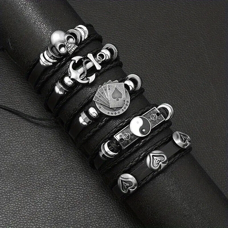 Halloween Black Leather Skull Feather Bracelet for Men Women Punk Rock 8 Styles