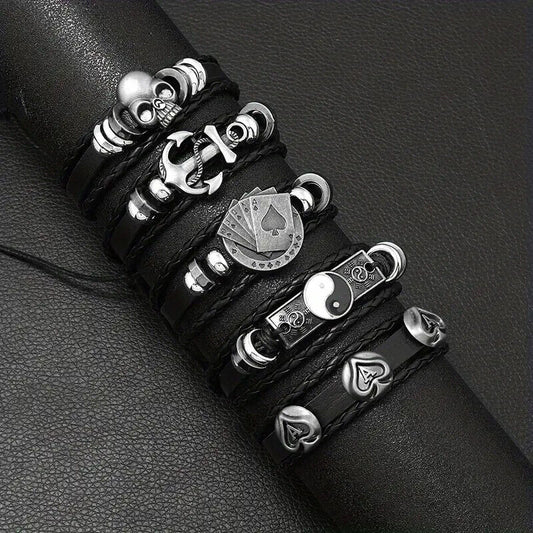 Halloween Black Leather Skull Feather Bracelet for Men Women Punk Rock 8 Styles