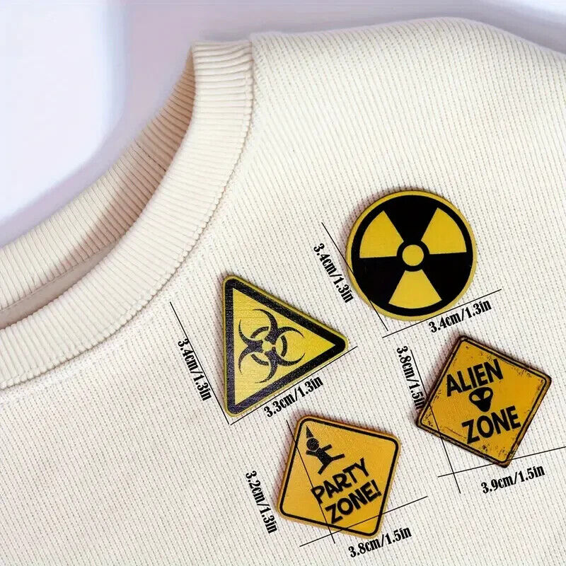 4 X Party Zone ALIEN HAZARD Yellow & Black Novelty Button Pin Badge Drinking