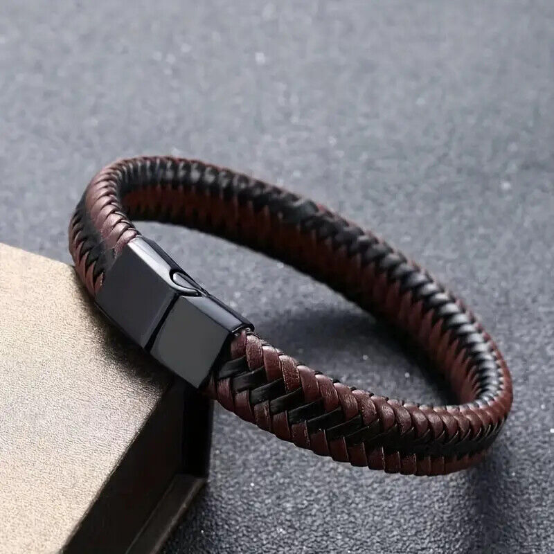 Mens Casual Style Woven PU Leather Wristband Magnetic Clasp UK RED BLACK BROWN